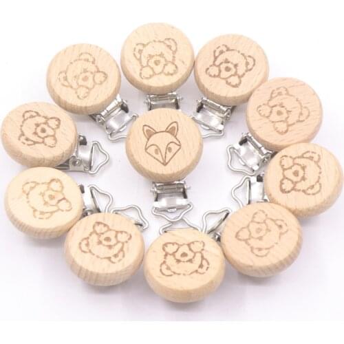 5Pcs Lovely Style New Fox Beech Wooden Clip Cartoon Animal Pattern Sucker Pacifier Chain for Baby Teether Dummy Clip