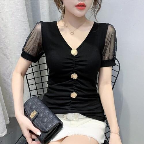 #6005 Black White Spliced Gauze Short Sleeve T Shirt Women Fashion Buttons V Neck Sexy Top Tight T-Shirt Female Tee Shirt Vogue