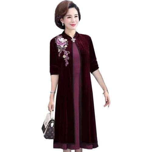 Gold Velvet Set Women New Middle-aged elderly Spring Autumn Vest Dress And Gold velvet Coat Two-piece Suit Female Mother Dress