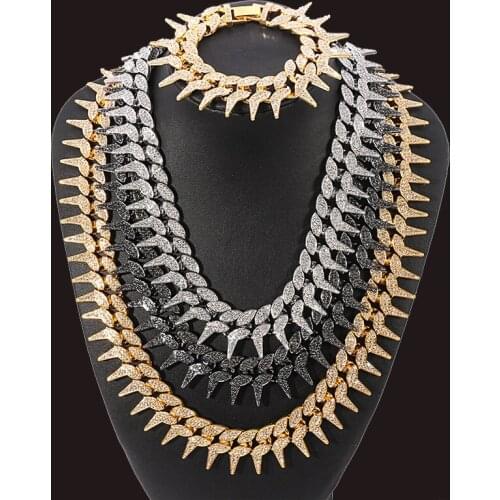 Free Shipping 23MM Heavy Bling Rhinestone Iced Out Cuban Necklace Bracelet Hip Hop Thorns Rivet Necklaces Rapper Jewelry