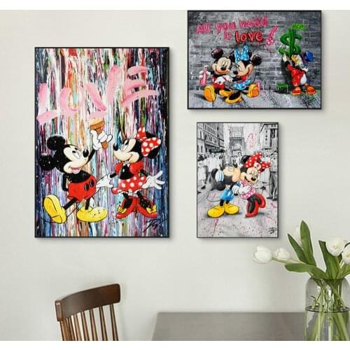 Disney Classic Cartoon Mickey and Minnie Mouse Canvas Painting Graffiti Art Posters and Prints Wall Pictures for Home Decoration
