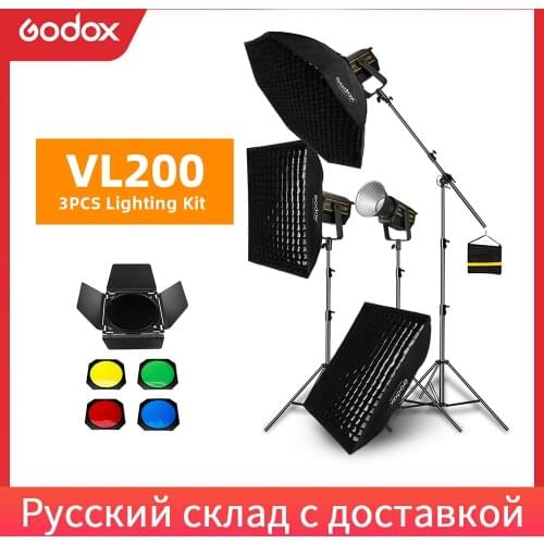 Godox 3pcs VL200 200W 5600K White Version LED Video Continuous Light + 70x100cm Grid Softbox + 2.8m Light Stand Studio Light
