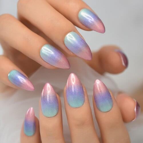 Holographic Chrome Glossy Gradient Ombre French Almond Fake Nail Mermaid Rainbow UV Stiletto False Finger Tip for Women Girl
