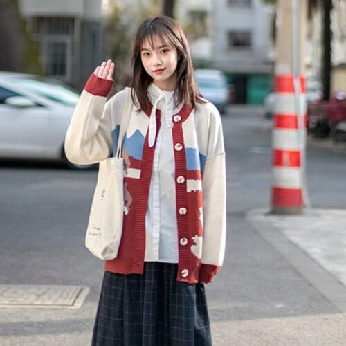 Harajuku Dolphin Jacquard Knit Kawaii Women Cardigan 2021 Winter Sweet Style Single-breasted Korean Female Cute Jumpers Top