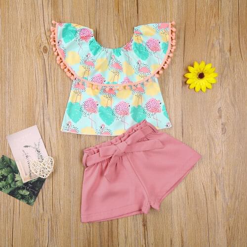 2021 Fashion Toddler Clothing Summer Streetwear Girl Flamingo Print Ruffled Collar Tops Solid Color Shorts 2pcs Outfit Sets 1-5Y