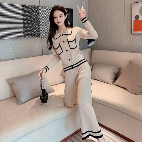Korean Autumn Knitted Sweater + Elastic Waist Long Trousers Set Two Piece Tracksuit Knitwear Vintage Pockets Office Outfits C933