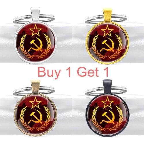 Buy 1 Get 1 Classic Soviet Sickle Hammer Design Glass Cabochon Key Chain Charm Men Women Communism Pendant Key Rings