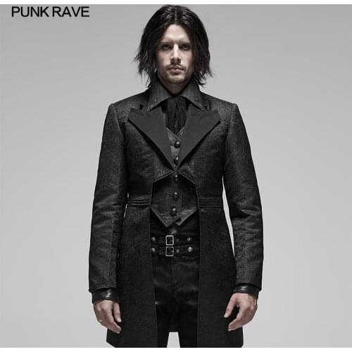 PUNK RAVE Mens Steampunk Fills Retro Jacquard Coat Gothic Fake Two Pieces Evening Dinner Long Jacket Spring Autumn Outerwear