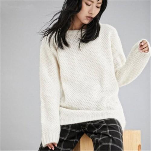 New arrival 100%hand made wool Oneck knit women brief solid loose pullover sweater one&over size