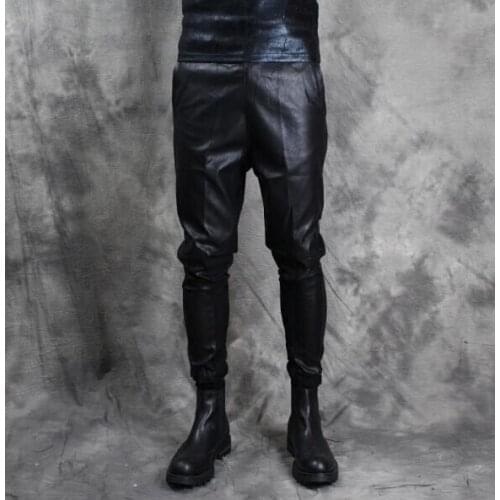 New korean mens leather pants personalized feet pants mens slim trousers tide men splicing taper pant black classic casual