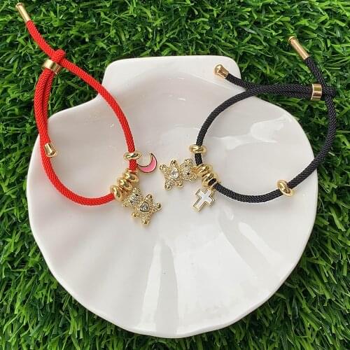 Couples Rope Bangle CZ Micro Pave Bear Enamel Cross/Moos Shape Electroplating Pendant Adjustable String Bracelet