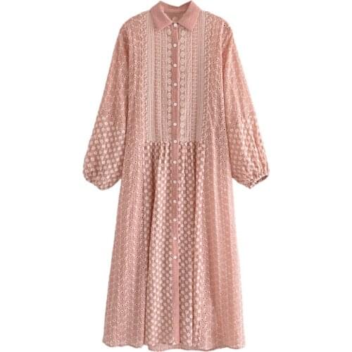 Women Embroidered A Line Midi Dresses Summer Autumn Lantern Long Sleeve Shirt Dress Ladies Single Breasted Loose Dress