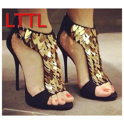 2017 Gold Sequin-Embellished T-Strap Sandals Gold High Heel Dress Sandals Designer vogue New Summer Sandals Bling Bling Shoes