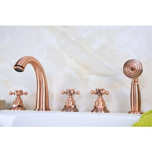 Antique Red Copper Brass Deck 5 Holes Bathtub Mixer Faucet Handheld Shower Widespread Bathroom Faucet Set Basin Water Tap atf239