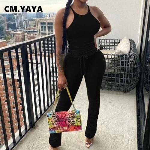 Active Fashion Women Two 2 Piece Set Outfits Sport Sweatsuit Tanks Tops and Stacked Flare Pants Matching Set Tracksuit CM.YAYA