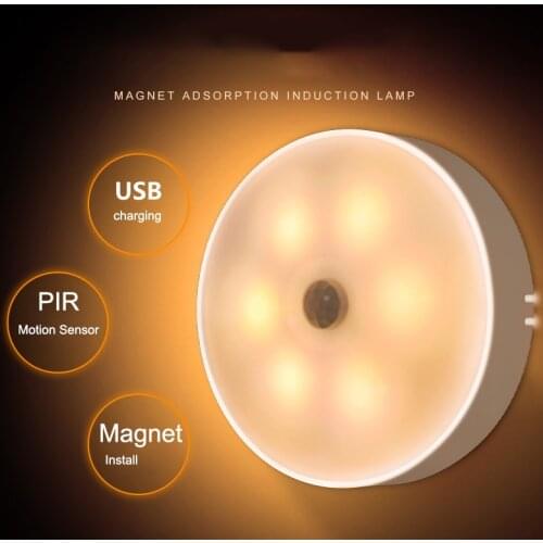 PIR Motion Sensor Led Night Light USB Rechargeable Magnet Night Lamp for Cabinet Closet Wardrobe Bedroom