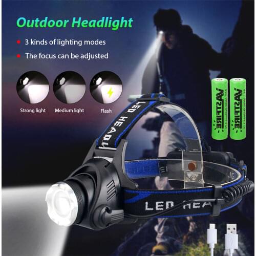 USB rechargeable strong hunting headlight T6 head-mounted LED fishing head light 3 modes Outdoor zoomable head Lamp+Charger