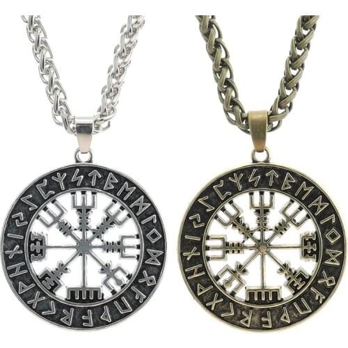 Viking Icelandic Vegvisir Helmet Horror In Runic Circle Pendant Magical Staves Compass Rune Amulet Collier Necklace