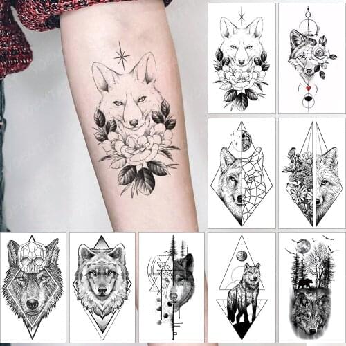 Waterproof Temporary Tattoo Sticker Cross Fox Stars Rays Flowers Realistic Wolf Flash Tatoo Fake Tatto For Body Art Women Men