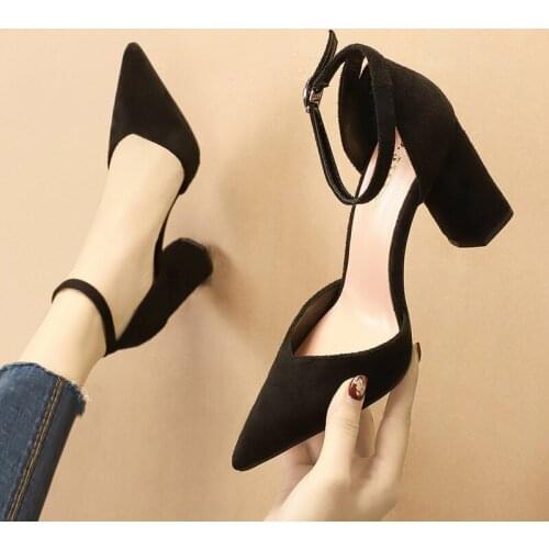 Women sandals Flock Buckle Strap 8CM Thick heel High heels Pointed Toe Shallow women shoes sandalias mujer 2020 size 35-42