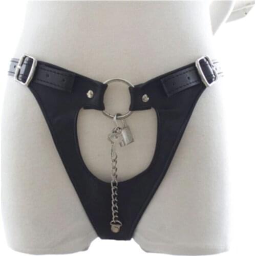 Female Sexy Panties Latex with Chain Panties Lock PU Leather Thongs with Chain Sexy Lingerie Exotic Briefs Underwear for Women