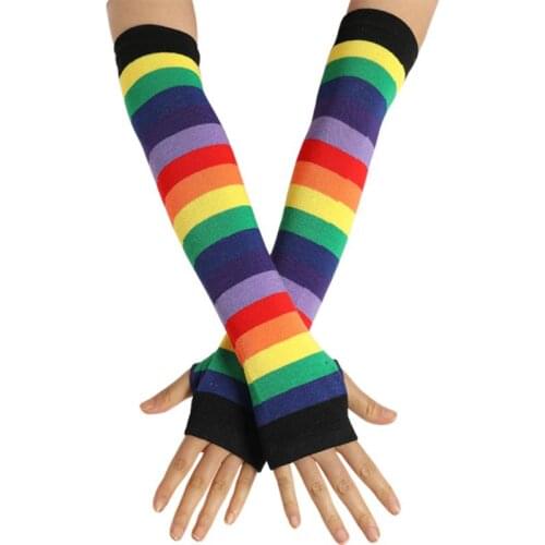 Women Girl Knitted Over Elbow Long Arm Warmers US Flag Rainbow Stripes Patchwork Fingerless Gloves with Thumb Hole Party