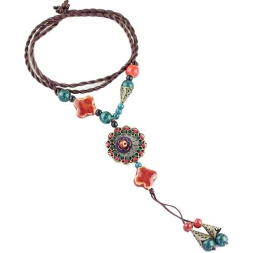 12 Pieces/Lot Charm Necklace Women Ceramic Beads Four Leaf Clover Necklaces Dream Catcher Vintage Flower Bead Long Tassel Choker