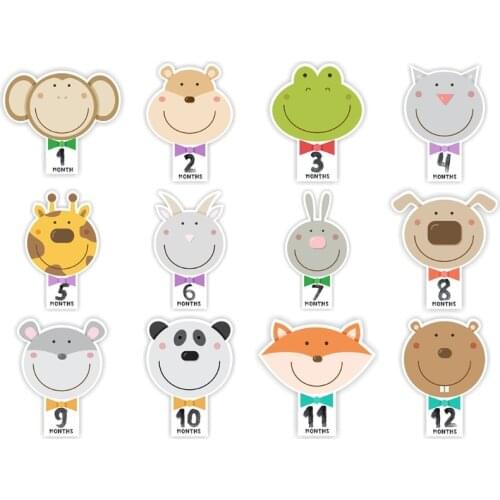 12 Pcs Baby Pregnant Monthly Stickers Cartoon Animal Pattern Memory Recording Milestone Sticker Photography Props 69HE