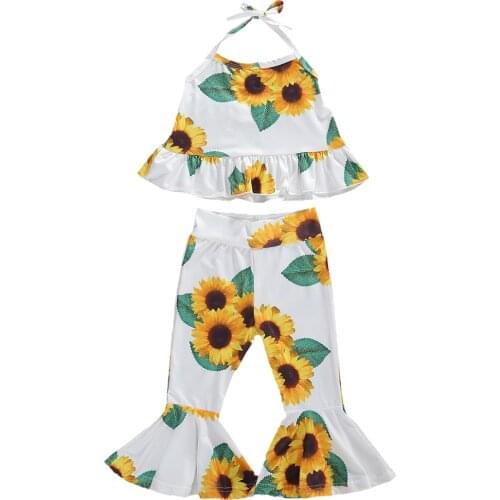 Infant Kids Baby Girl Halter Ruffle Frilled Sunflower Crops Tops+ Flare Pants Clothes Outfits 2Pcs Sets