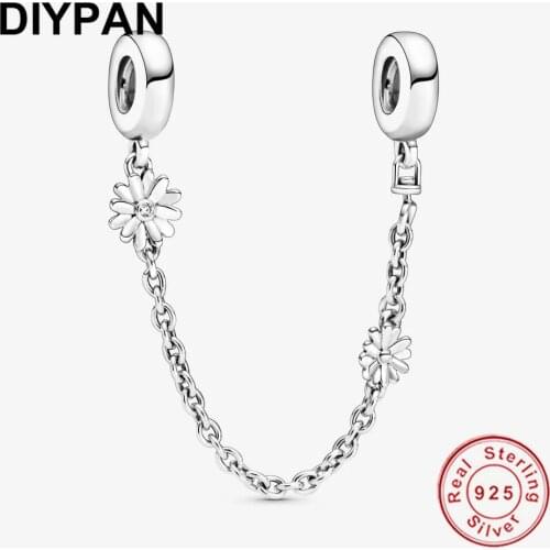 925 Sterling Silver Daisy Flower Safety Chain Charm Fit Original Pandora Bracelet Charms Necklace Pendant Berloque DIY Jewelry