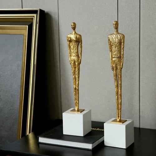 ABSTRACT GOLDEN MALE AND FEMALE METAL FIGURES STATUE ORNAMENTS WHITE MARBLE BASE SCULPTURE ART DECOR FOR HOME LIVING ROOM OFFICE