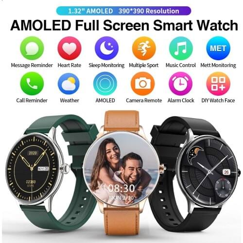 AMOLED 390*390 HD screen smart watch Continuous heart rate Fitness tracker Weather smartwatch for men women DIY Watchface