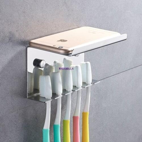 Stainless Steel 5 Slots Toothbrush Holder Toilet Supplies Wall Mount Household or Self Adhesive Storage Rack Hotel