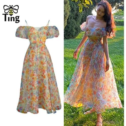 Tingfly Designer Chic Vintage Puff Sleeve Open Back Lace Up Summer Boho Dress Painting Aesthetic Print Goblincore Dress Elbise