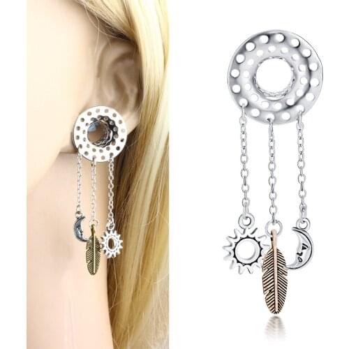 8-20mm Vintage Stainless Steel Long Dangle Ear Gauge With Moon Leaf Sun Hollow Tunnel Earrings Ear Plug Body Piercing Jewelrys