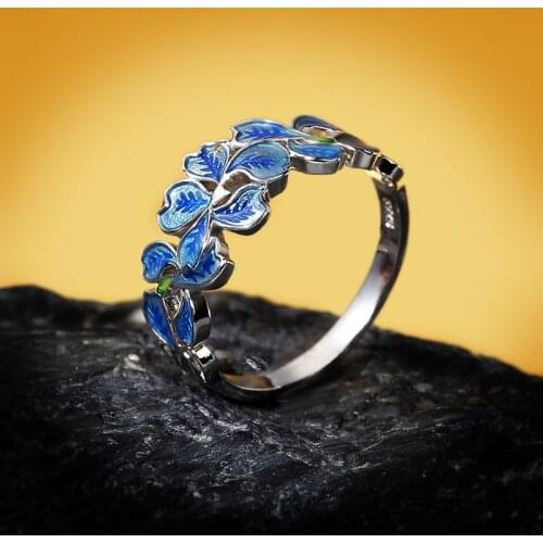 CHARLINLIOL Bohemia Temperament Elegant Painting Enamel Flower Leaf Rings 925 Sterling Silver Bohemia Finger Ring Fine Jewelry