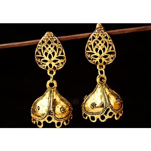 Ethnic Retro Geometric Turkish Jhumka Earrings For Women Indian Jewelry Flower Gold Bell Tassel Dangling Earrings 2021 New