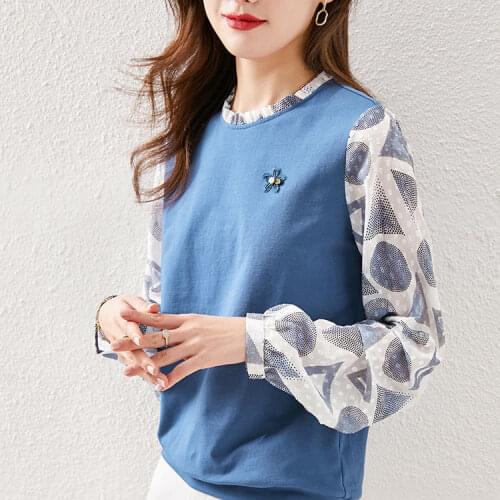 T-shirt womens long sleeve spring 2021 new blue spring and autumn womens loose niche design fake two tops