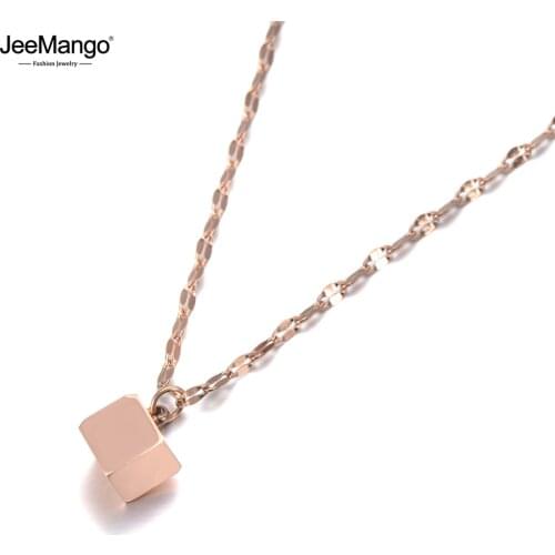 JeeMango Trendy Geometric Square Charm Pendant Necklaces For Women Rose Gold Titanium Stainless Steel Choker Necklace JN19134