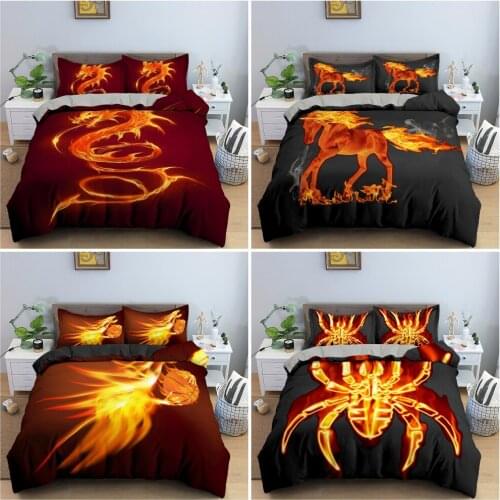 3D Flaming Animal Print Bedding Set Fire Dragon And Horse Duvet Cover Set Bedclothes King Queen Twin Size Quilt Cover 2/3PCS