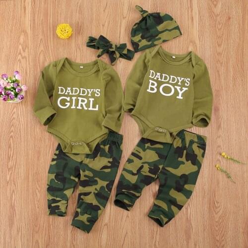Newborn Baby 3-piece Outfit Set Long Sleeve Romper+Camouflage Pants+Headband/Hat Set for Baby Boys Girls