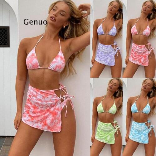 Tie Dye Bikini Skirted Swimsuit Women High Cut 3 Piece Suit Halter Swimwear Female Triangle Bathing Suit Backless
