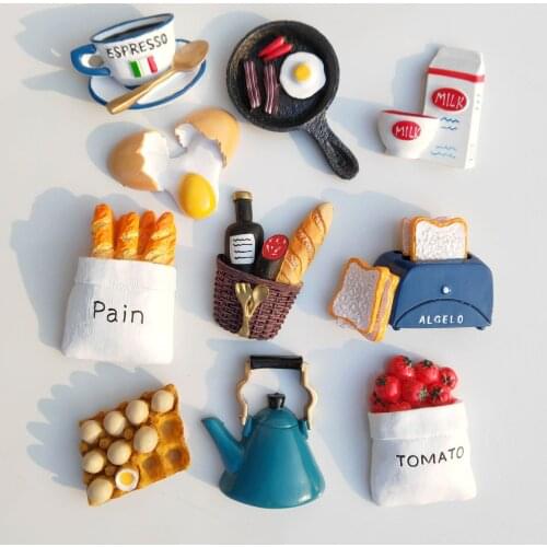 Fridge Magnet Decor Bread Milk Bacon Fried Egg Pan Resin Refrigerator Magnet Creative Cute Fridge Magnet Set