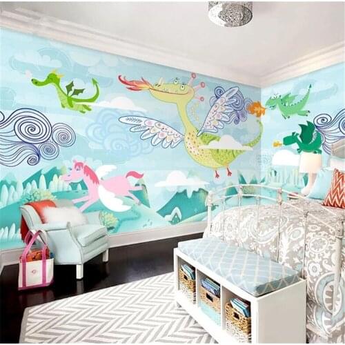 Milofi hand painted watercolor flowers and plants dinosaur fire dragon childrens room background wall painting wallpaper