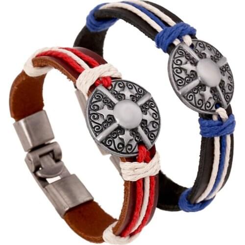 Fashion Couple Women Men Genuine Leather Cuff Bracelet Alloy Star Round Charm Casual Bangle Wrap Wristbands Jewelry Lovers Gift