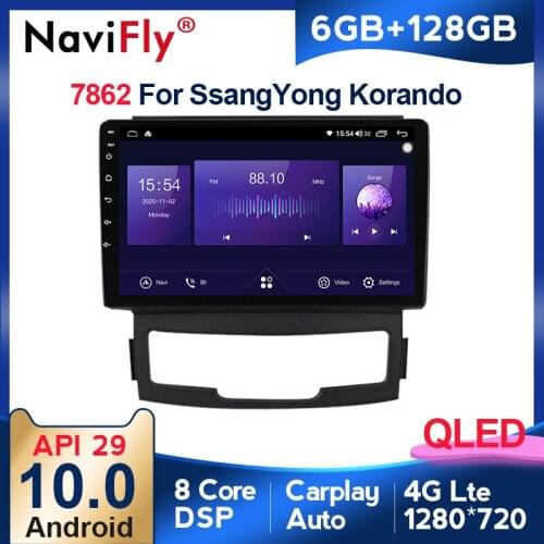 NaviFly 6GB+128GB 8 Core QLED 1280*720 Carplay Android 10.0 Car GPS Radio Player For SsangYong Korando 3 Actyon 2 2010 - 2013
