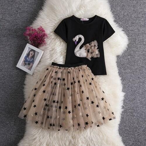 Swan Girls Dress 2pc Clothes Set Baby Toddler Outfits Summer T- Shirt Children Kid Skirt for Girl 3 Years Party Dress