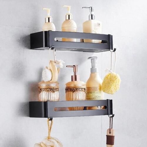 Bathroom Shelf Space Aluminum Black Bathroom Accessories Wall Mount Shower Basket Shelves Kitchen Storage Bath Shampoo Holder