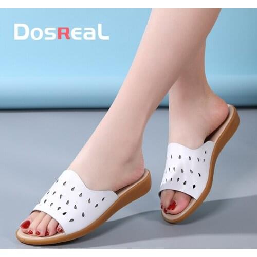 Dosreal Summer Ladies Sandals Large Size 41 Cowhide Hollow Sandals And Slippers Ladies White All-Match Casual Slippers