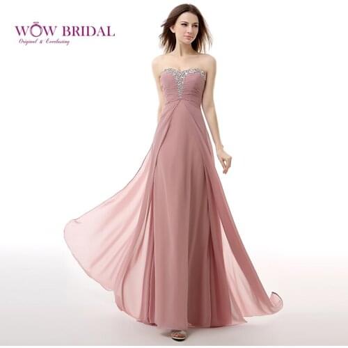 Wowbridal Graceful Long Prom Dress 2021 Sweetheart Beaded Strapless Pleat Lace Up Open Back Chiffon Ruffles A-Line Party gown